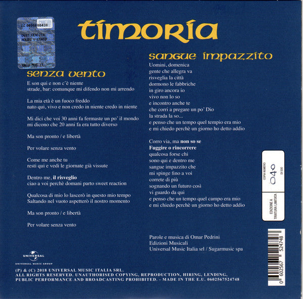 Senza Vento / Sangue Impazzito Limited Edition Rsd 2018