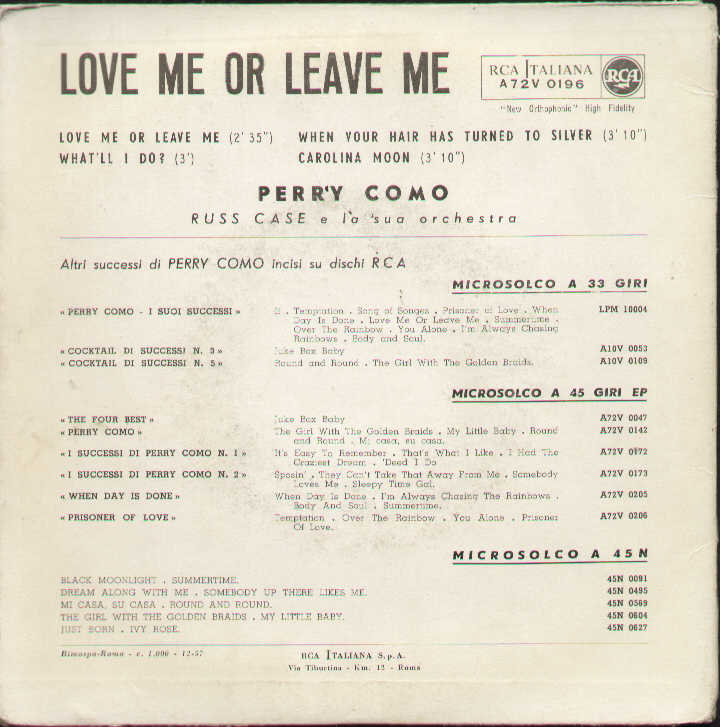 Love Me Or Leave Me / What'll I Do / When Your Hair Has ...
