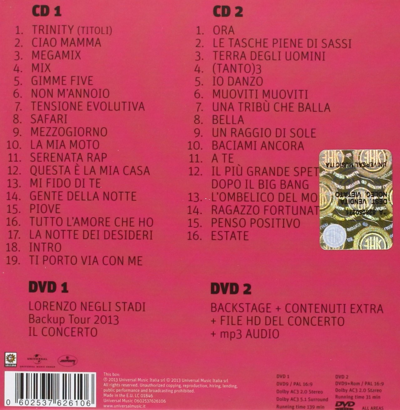 Lorenzo Negli Stadi Backup Tour 2013 2Cd + 2Dvd Live